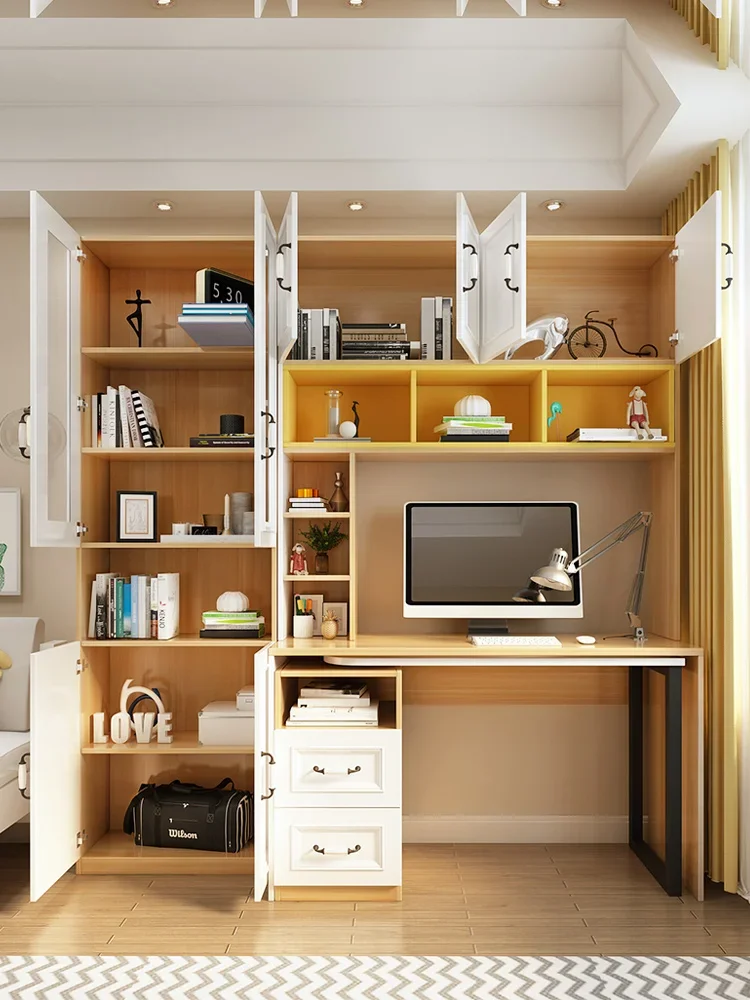 Wardrobe Bookcase Desk Integrated Desktop Computer Desk Solid Wood Bookshelf Simple Learning Desk