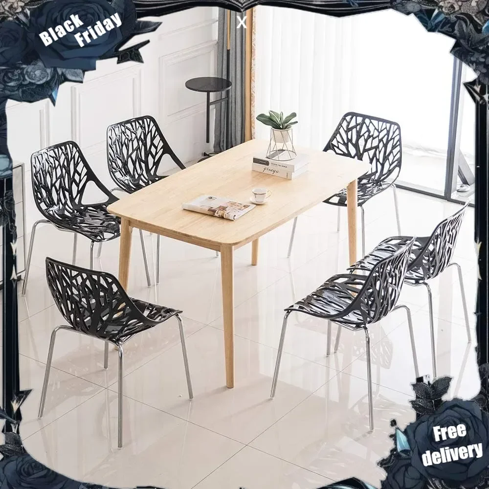 Modern Black Dining Chairs Set of 6,Plastic Saping Birch Chairs,Stackable Dining Chairs Set for Living Room/Kitchen/Office