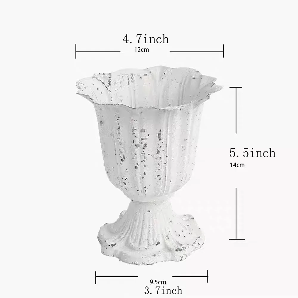 French retro distressed white ironwork tall-legged trumpet-shaped tabletop vase