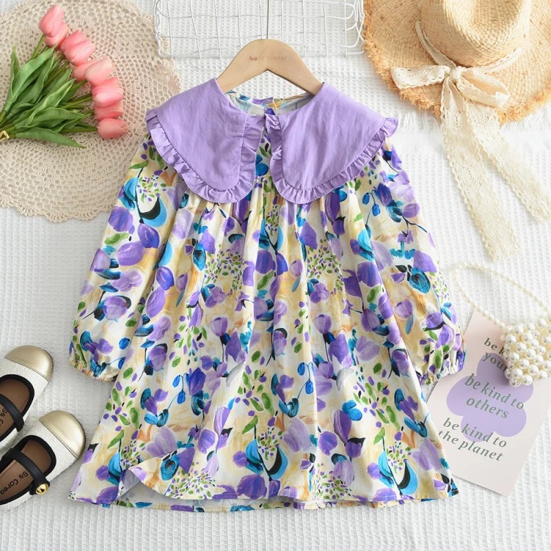 

French Doll Collar Girl's Dress2025Autumn New Floral Print Elegant Children's Turn-Down Collar Princess Dress Trend