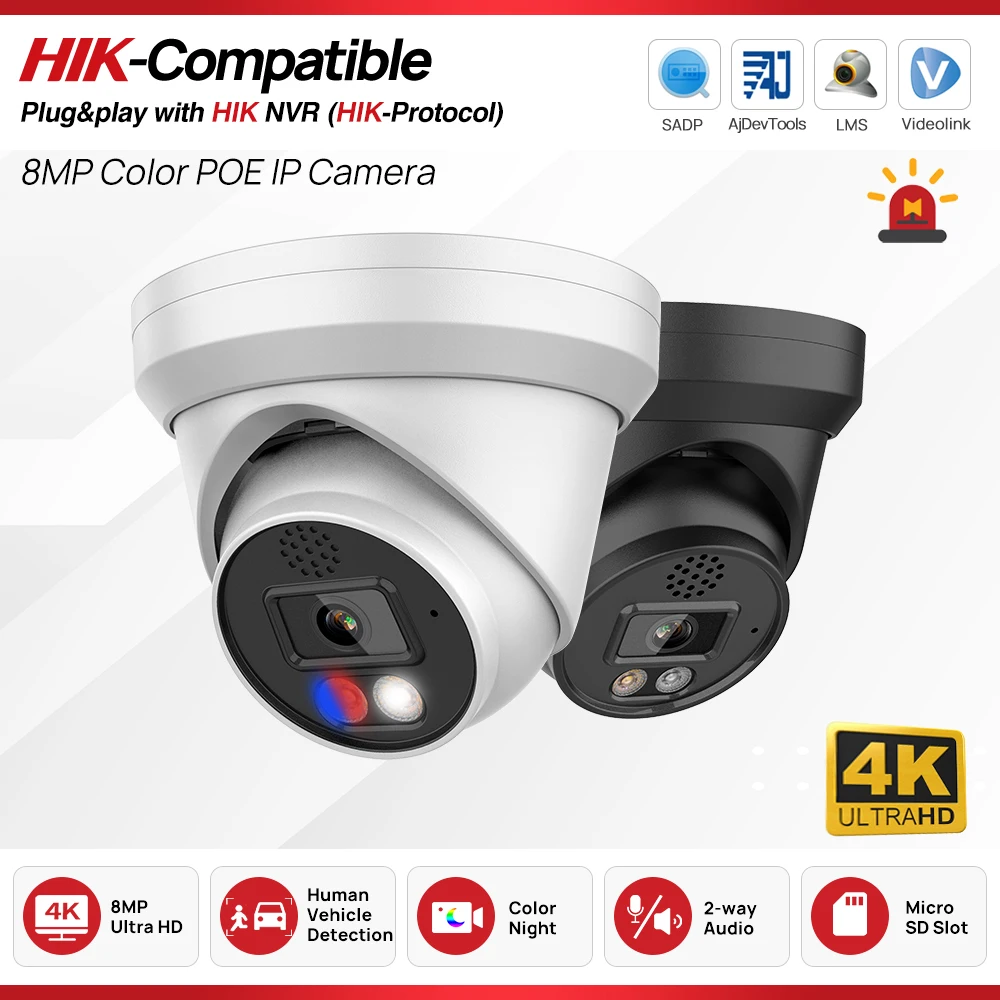 

Summer Sale Hikvision Compatible 8MP ColorVu IP Camera 2-Way Audio Sound&Light Alarm SD Card slot Surveillance Network Camera