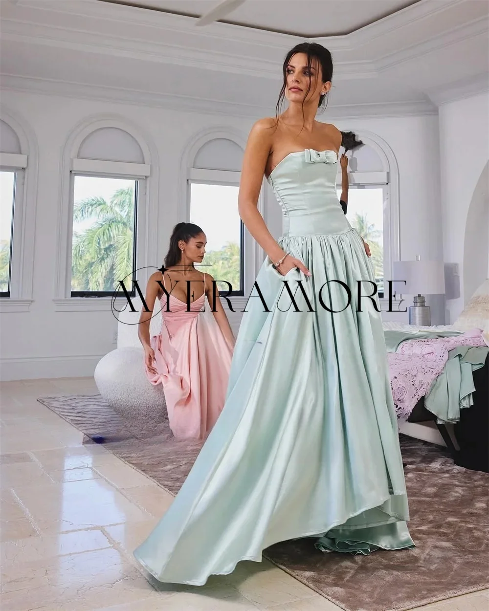 

Fashion Strapless Evening Dresses A-Line Pocket Button Pleat Prom Dresses Customized robes de soirée