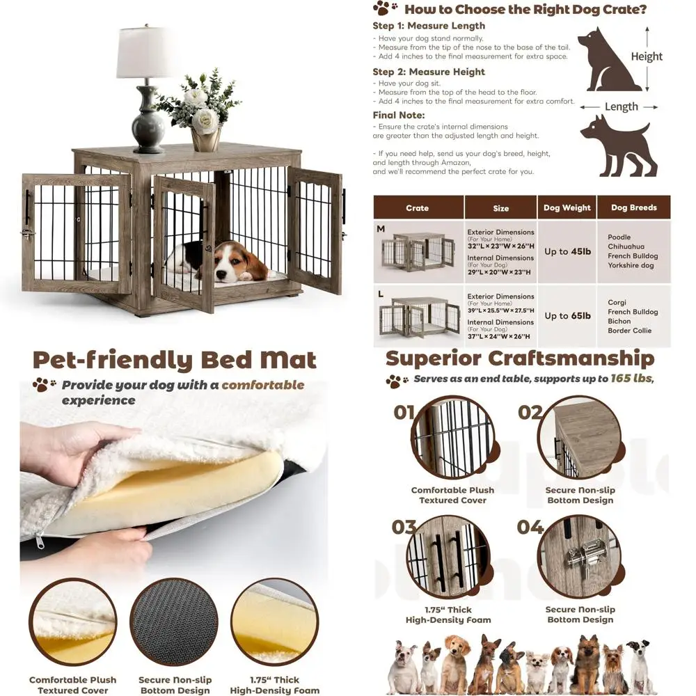 

Medium Wooden Dog Crate with Bed Mat and 3-Door Side Table Design