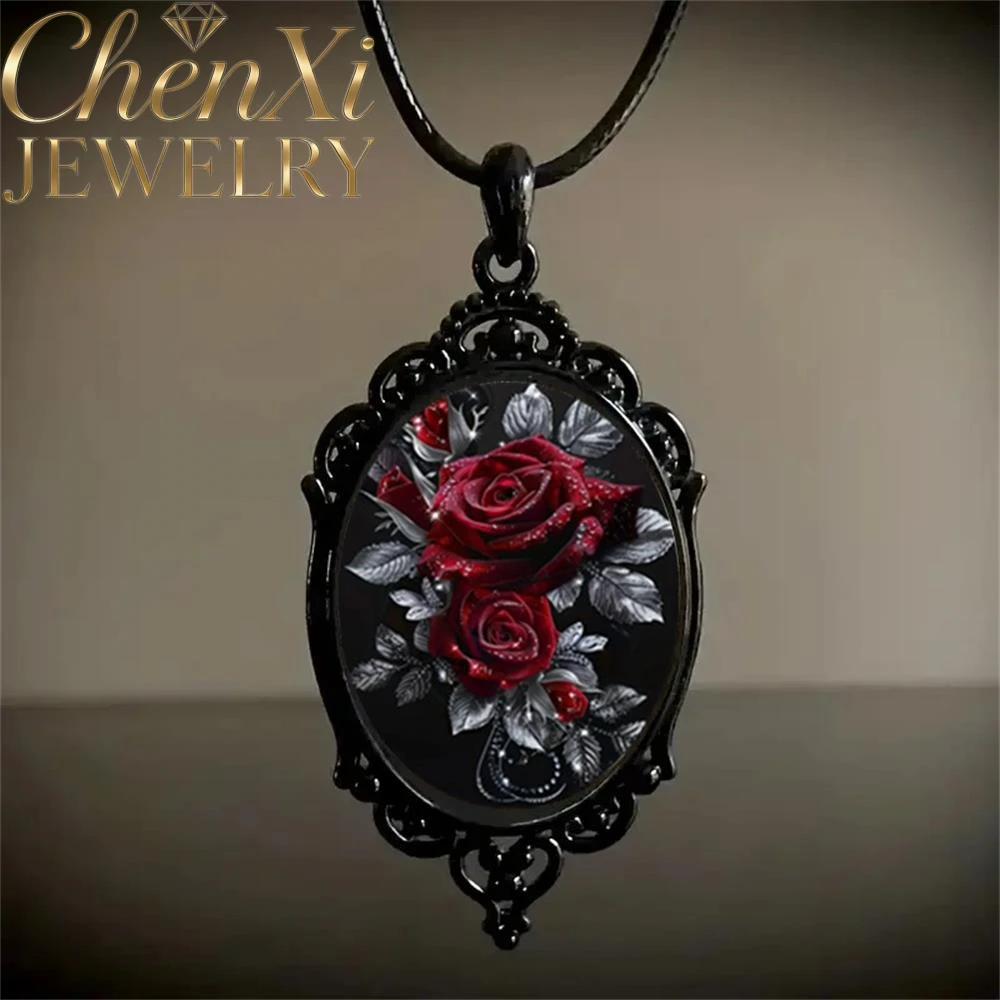 High-End Dark Red Rose Oval Glass Alloy Pendant Luxury Quality Fashion Fine Jewelry Exquisite Elegant Charms Popular Young Gift