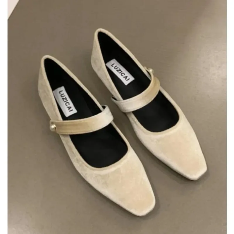 Woman Concise Velvet Ballet Flats Ladies Evening Party Low Heel Pumps In Wine-Red Elegant Pearl Buckle Velour Mary Jane Shoes