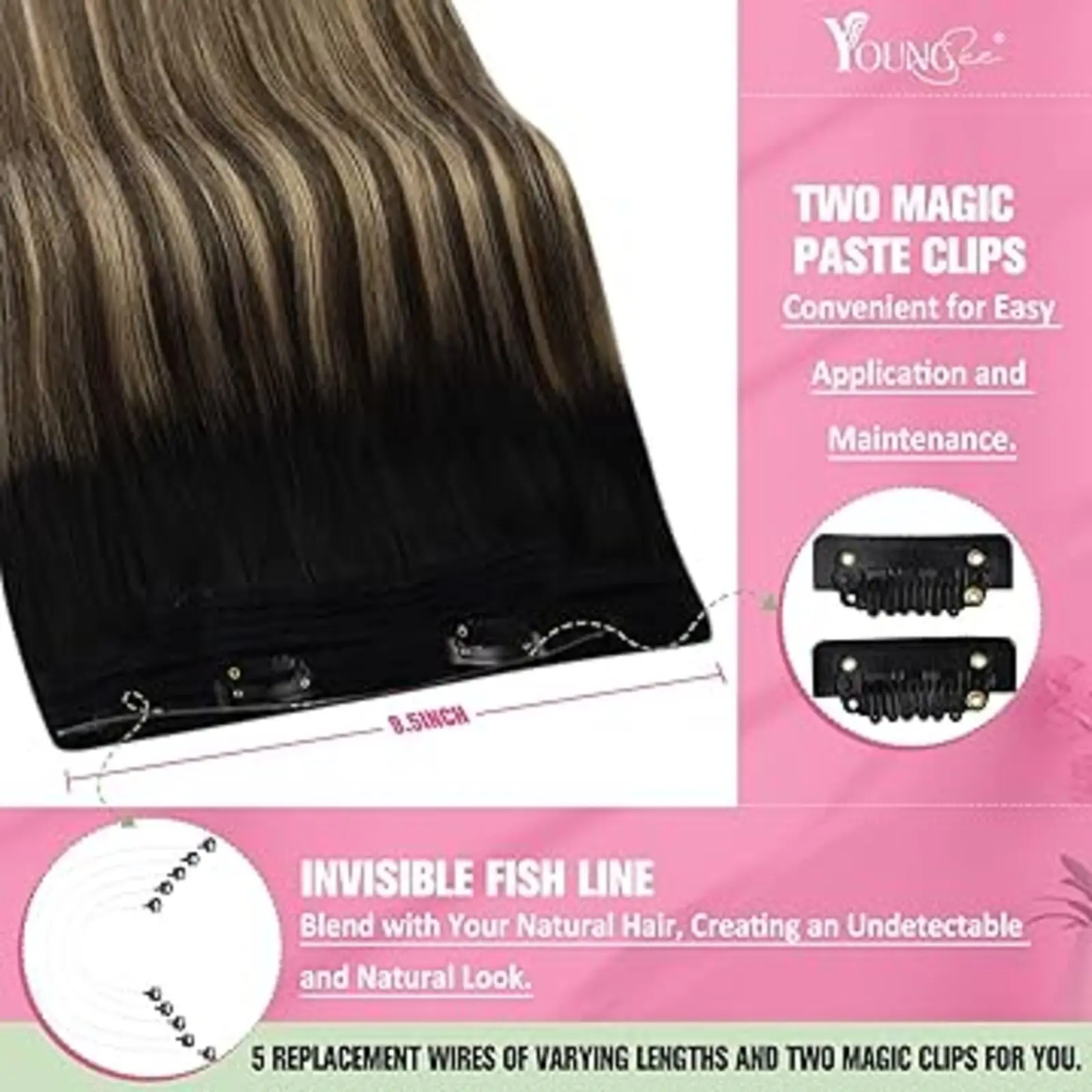 Extensão de cabelo de fio de peixe YoungSee fácil de instalar cabelo de fio invisível reto para desbaste de cabelo 12-20 polegadas