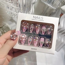 24pcs Shimmering Almond Press On Nails with Heart Rhinestone Pearl Design - Perfect for Women & Girls Nail Art Decoration *Pink*