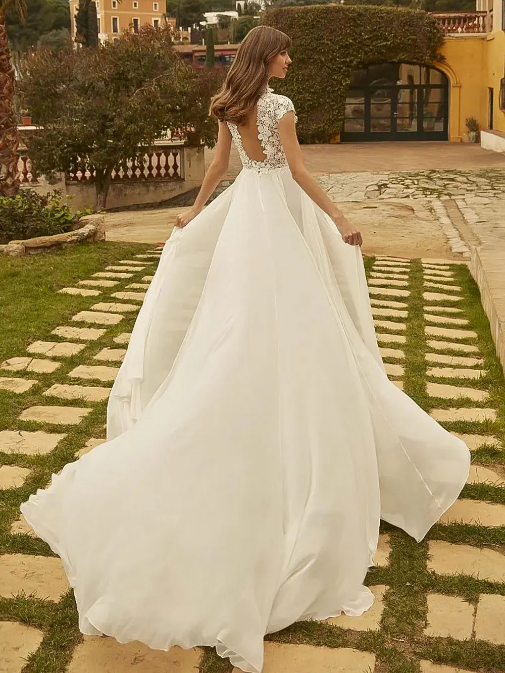 ShiningLight A-Line Bohemian Wedding Dress 2026 Lace Appliques Backless Simple Elegant Chiffon Bride Gowns Cap Sleeve Customized