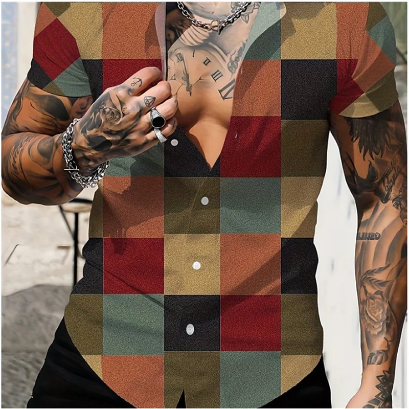 Color block plaid/plaid colorful casual men's shirt for daily wear, weekend outing, summer lapel short-sleeved 5XL fast shipping