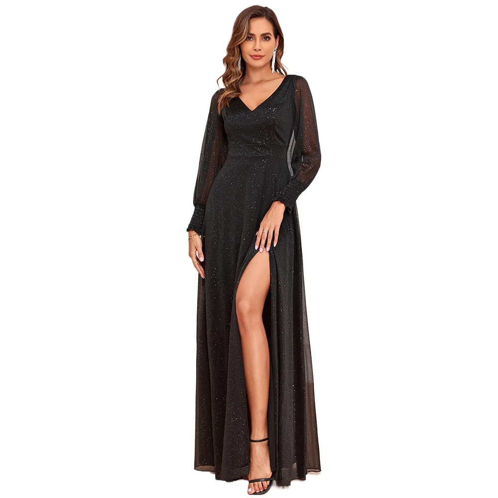 

Elegant Long Sleeve V-neck High Split Long Formal Evening Dress Black