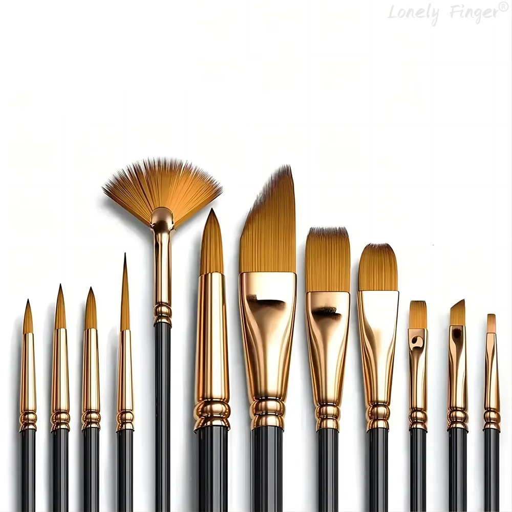 12 PCS Nylon Bristle Brush Set, Nylon Flat Brushes, Watercolor Brushes, Oil Paint, Artists, Amateur Acrylic Painting