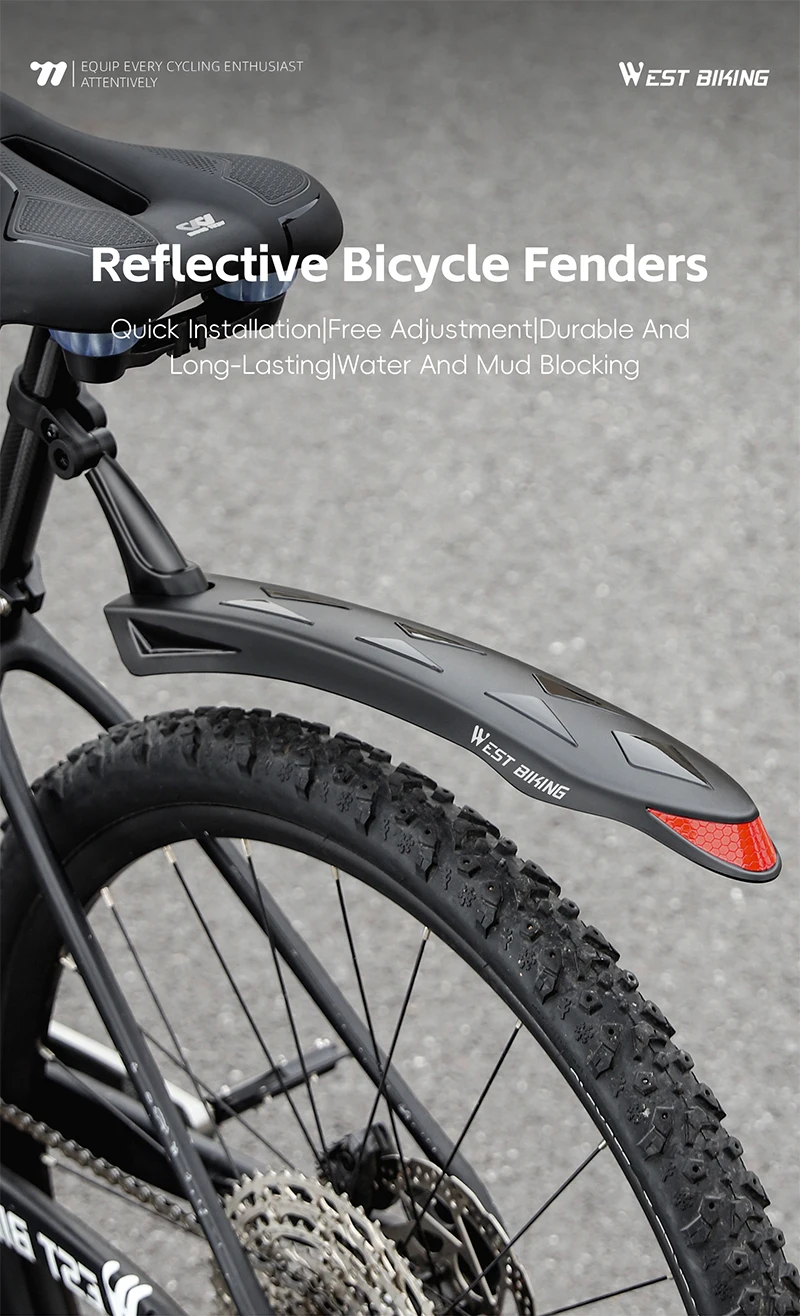 WEST BIKING Verlängerte Fahrrad-Schutzbleche Reflektierende Schutzbleche für 26-27,5 Zoll Mountainbikes Regen- und Nachtfahrten Langlebiger PP-Kunststoff – Detail 1