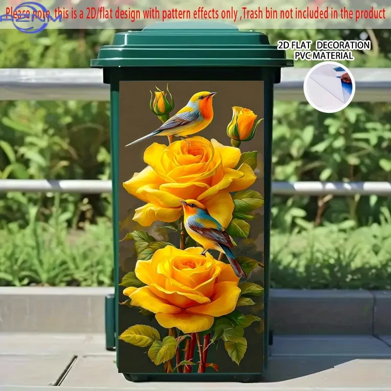1pc of 2D Flat Bird Stickers on Yellow Roses, Self-Adhesive for Dustbins. These PVC Decorative Stickers Are Suitable for Trash