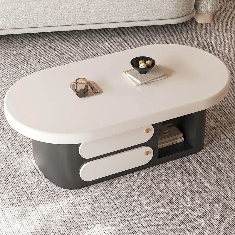 

Coffee table living room household with arch thick face waist double layer oval drawer premium French cream wind solid wood tea