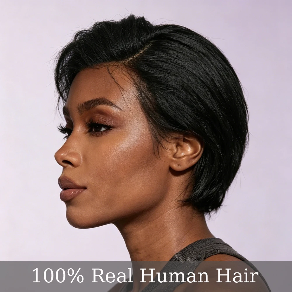 

Natural Black Short Layered Swoop Bang Pixie Cut Lace Front Human Hair Wig, Brazilian Virgin Remy Hair Short sleek black swoop bang lace front wig, 13x4 Lace Front 180% Density,Suitable for Daily Styling,Evening Club and Themed Party