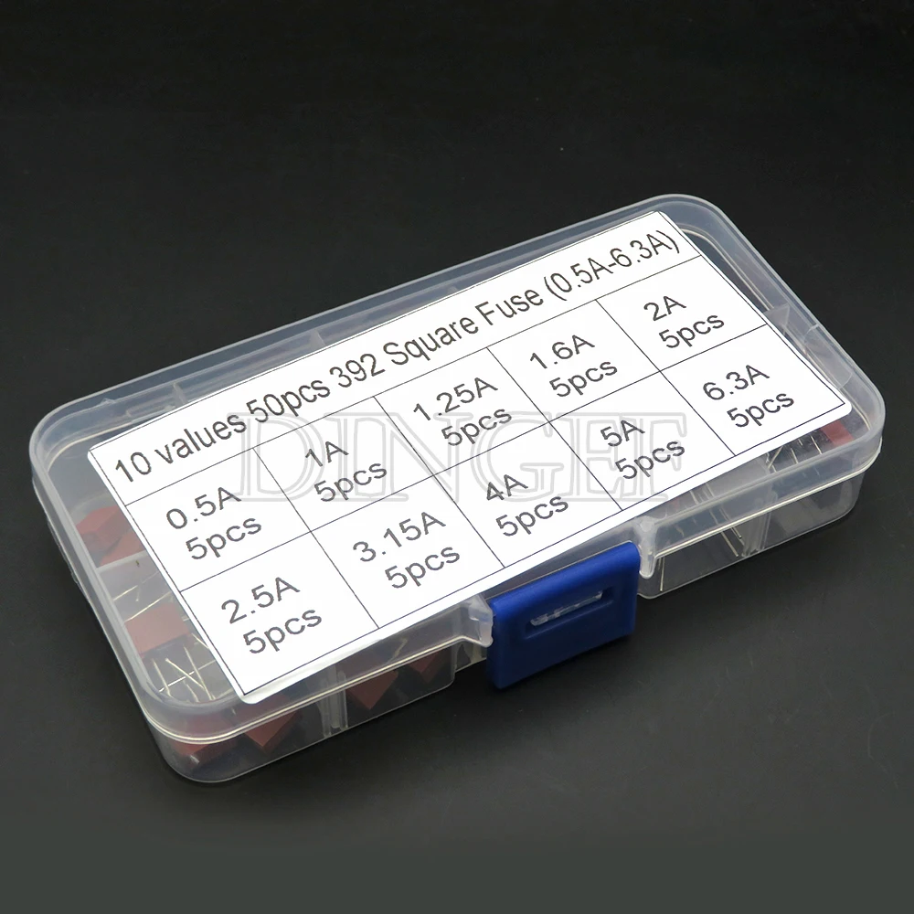 10values 50pcs Square Plastic Fuse 392 0.5A 500mA 1A 1.25A 1.6A 2A 2.5A 3.15A 4A 5A 6.3A / 250V for LCD TV Power Board Fuse Kit