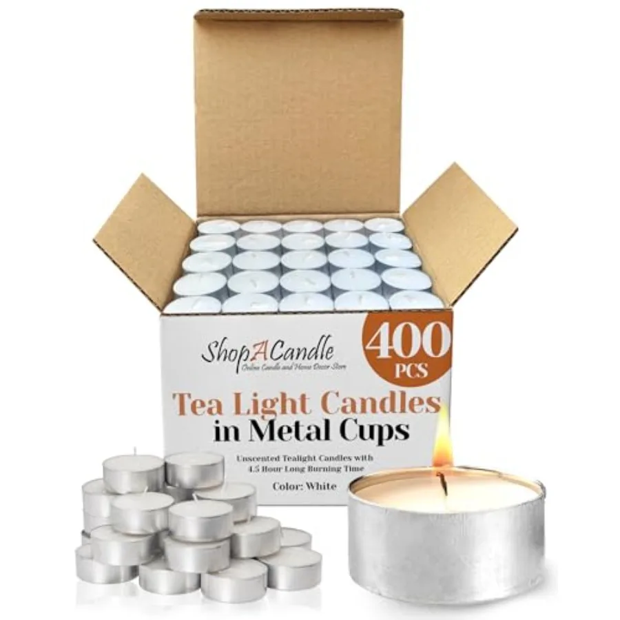 

400 Pack Tealight Candles in Metal Cups - Clean, White Unscented with 4.5 Hour Long Burning Time - Votive Candles Bulk for Roma