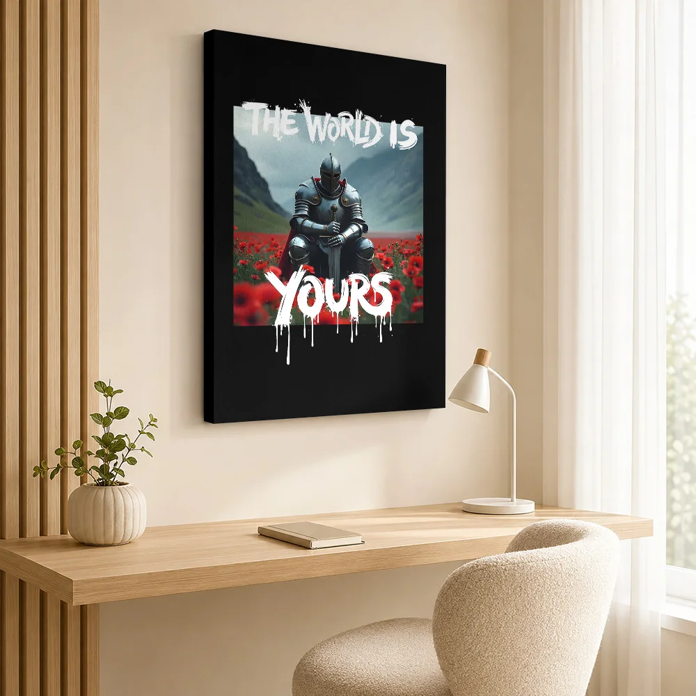 The World Is Yours Knight in Red Flower Field Canvas Print Poster Customized Photo Floral Wall Paintings Decoration for Office