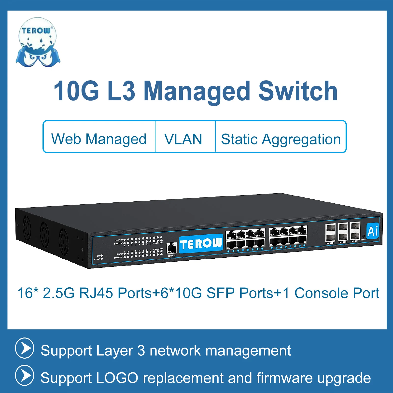 TEROW 10-Gb SFP Ports L3 Managed Network Switch 2.5G Support DHCP and Dynamic Routing Support VLAN Division and Port Aggregation