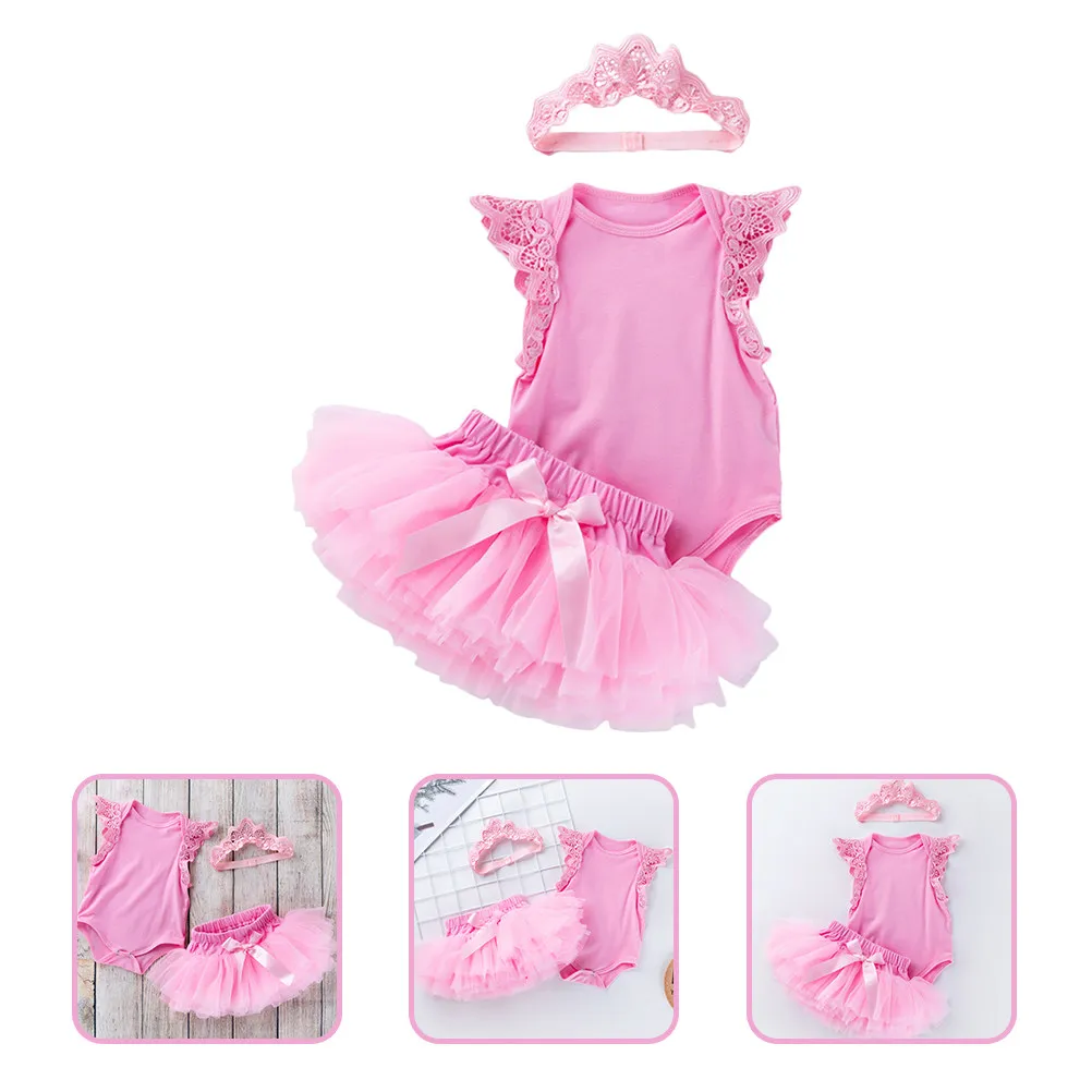1Set Girls Romper Skirt Tulle Dress Headband Soft Breathable Outfit Newborn Birthday Christmas Photo