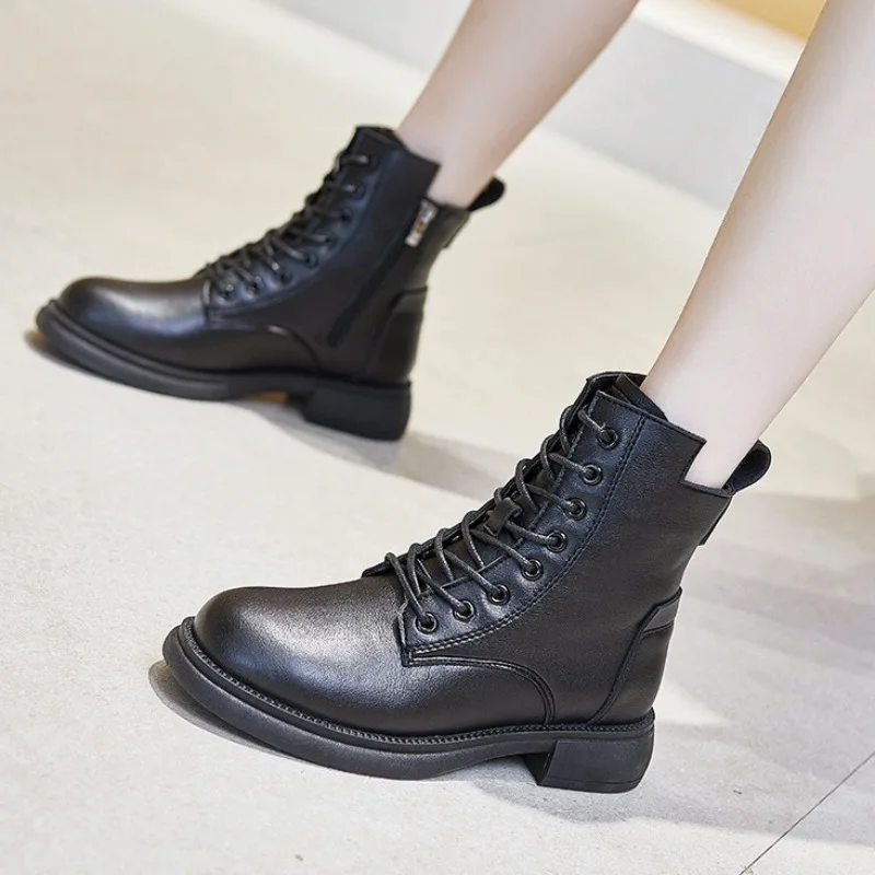 Fashion Women Ankle Boots Spring Slip On Platform Leather Boots Motorcycle Retro Boots Britain Ladies Shoes Batos Mujer Hot Sale