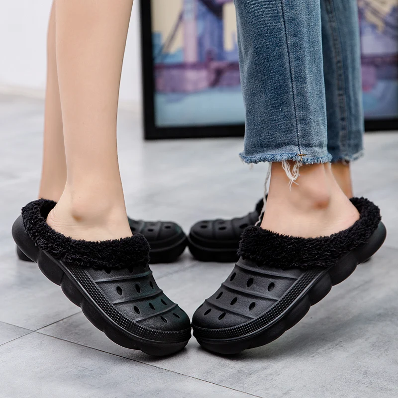 Men\'s and Women\'s Model Waterproof EVA Warm Fur Wrapped Slippers for Household Use Cotton Shoes Fur Slides Plush Winter Slippers