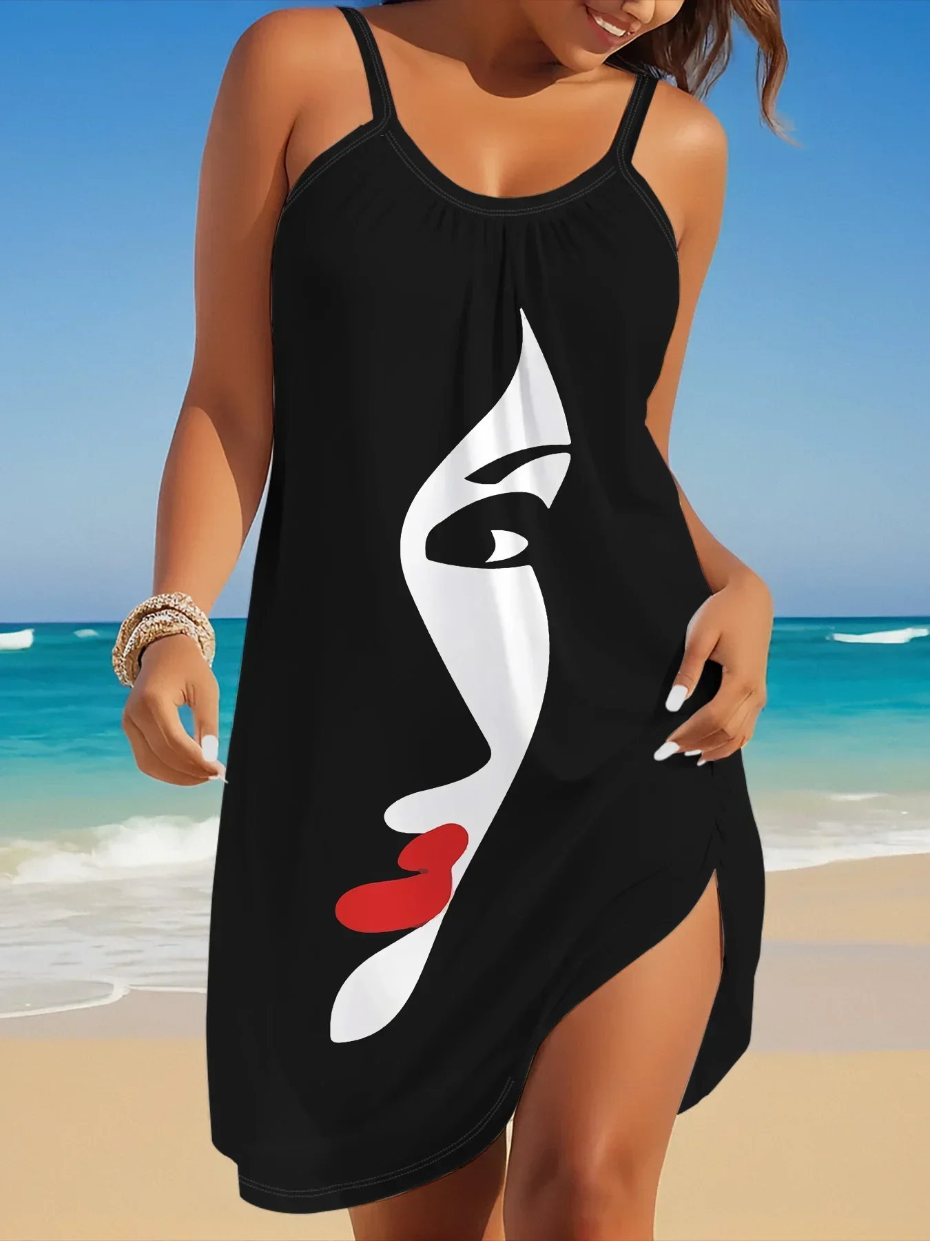 2024 Damen-Sommerkleid, ärmellos, bedruckt, lässig, Sommerkleid für den Urlaub, Damenbekleidung