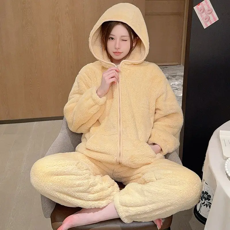 

2025 Winter Long Sleeve Hooded Thick Warm Flannel Pajama Sets Women Korean Loose Coral Fleece Sleepwear Pyjamas Homewear Clothes