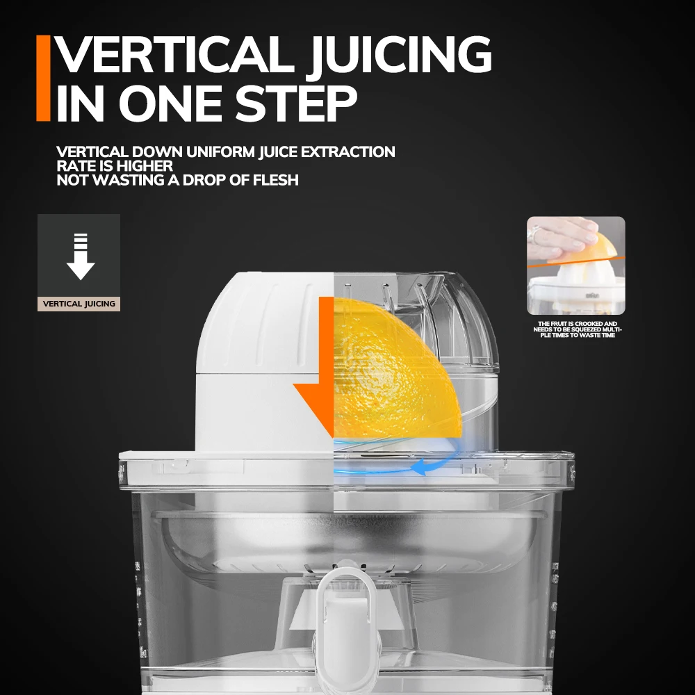 MIUI Orange Squeezer Electric Citrus Juicer Stainless Steel Quiet Juicing Large Capacity Qrange Juice Machine With 2 Cones