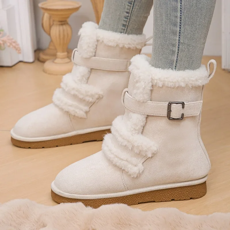 Women's Flat Snow Boots Winter New Round Head Suede Sleeve Belt Buckle Anti-slip Wear-resistant Short Boots