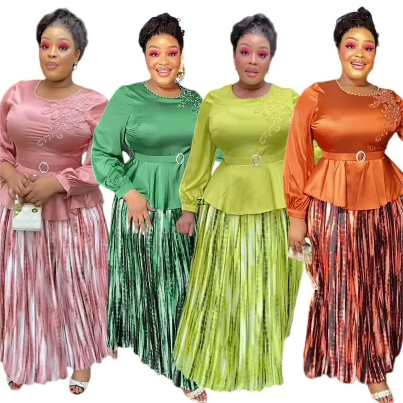 

African Dresses For Women Tops And Pleated Skirt Suit Spring And Autumn Big Size Embroidered Beaded Long Dress Elegant Party 3XL