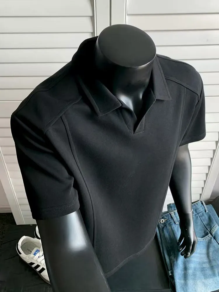 American Style Boxy Shoulder Short Sleeve  Shirt Men's Summer Deconstructed Patchwork T-Shirt Handsome V-Neck Half Sleeve