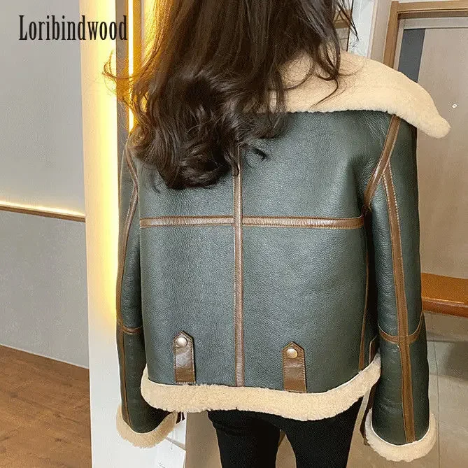 2022 New Winter Clothes Green Stitching Large Lapel Motorcycle Clothing Women\'s Thickened Short Fur One-Piece Sheepskin Coat