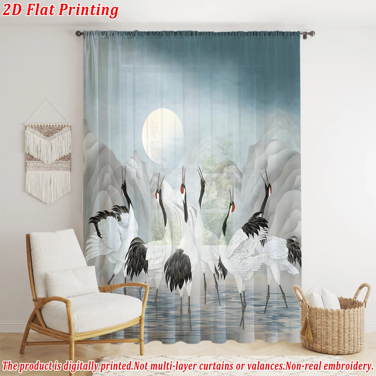 Egret mountains and waters Flat Printing Sheer Curtain，Light Fabric，for Living Room Bedroom Home Door and Window Decor