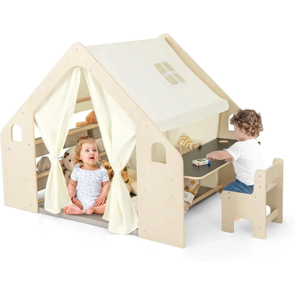 

Large Kids Tent, 6-in-1 Wooden Frame Play House with Table and Chair Set, Blackboard, 6 Storage Bins & Soft Floor Mat