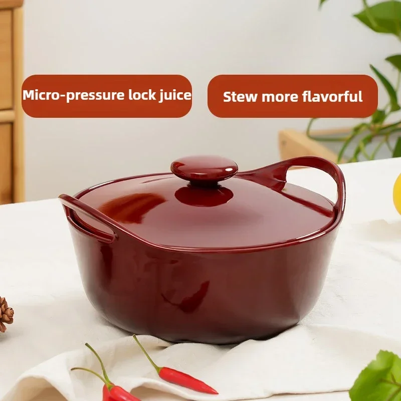 Mirror Red Enamel Pot, Cast Iron Double-ear Saucepan, Household All-round Soup Pot, Universal for Open Flame Induction Cooker