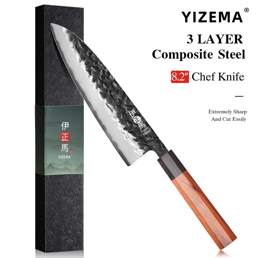 

YIZEMA 8.2" Japanese Chef Knife 3-layer Composite Steel Kitchen Cooking Professional Handmade Knife Classic Octagonal Handle