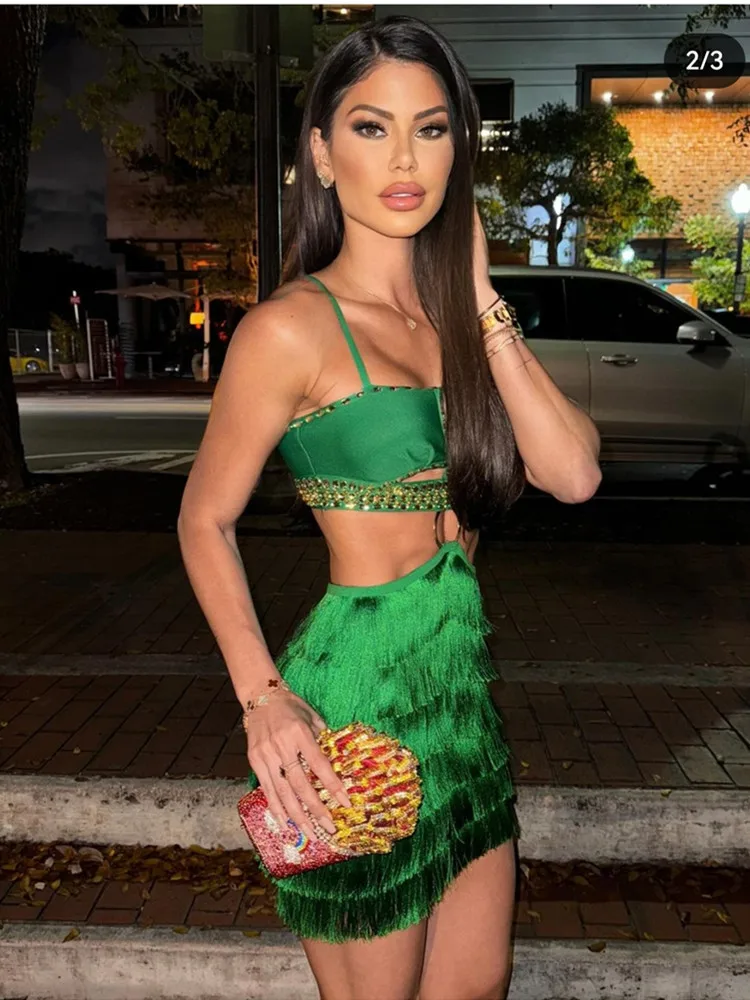 Dames Celebrity Sexy Mouwloze Rugloze Groene Kwast Uitgesneden Mini Bodycon Bandage Jurk 2024 Elegante Avond Club Party Outfit