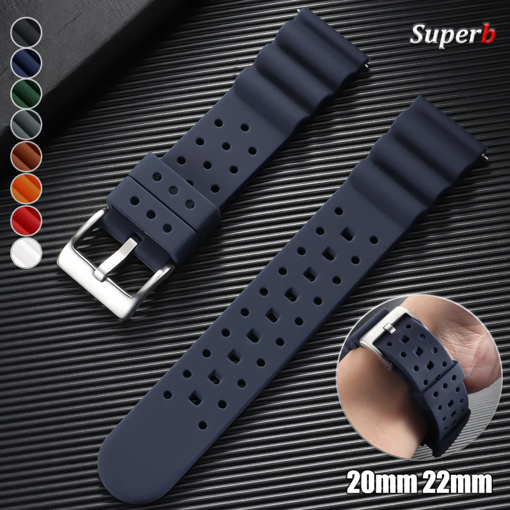 20mm 22mm High Tensile Silicone Strap Quick Release Sport Waterproof Men Breathable Rubber Replace Bracelet Watch Band for Seiko
