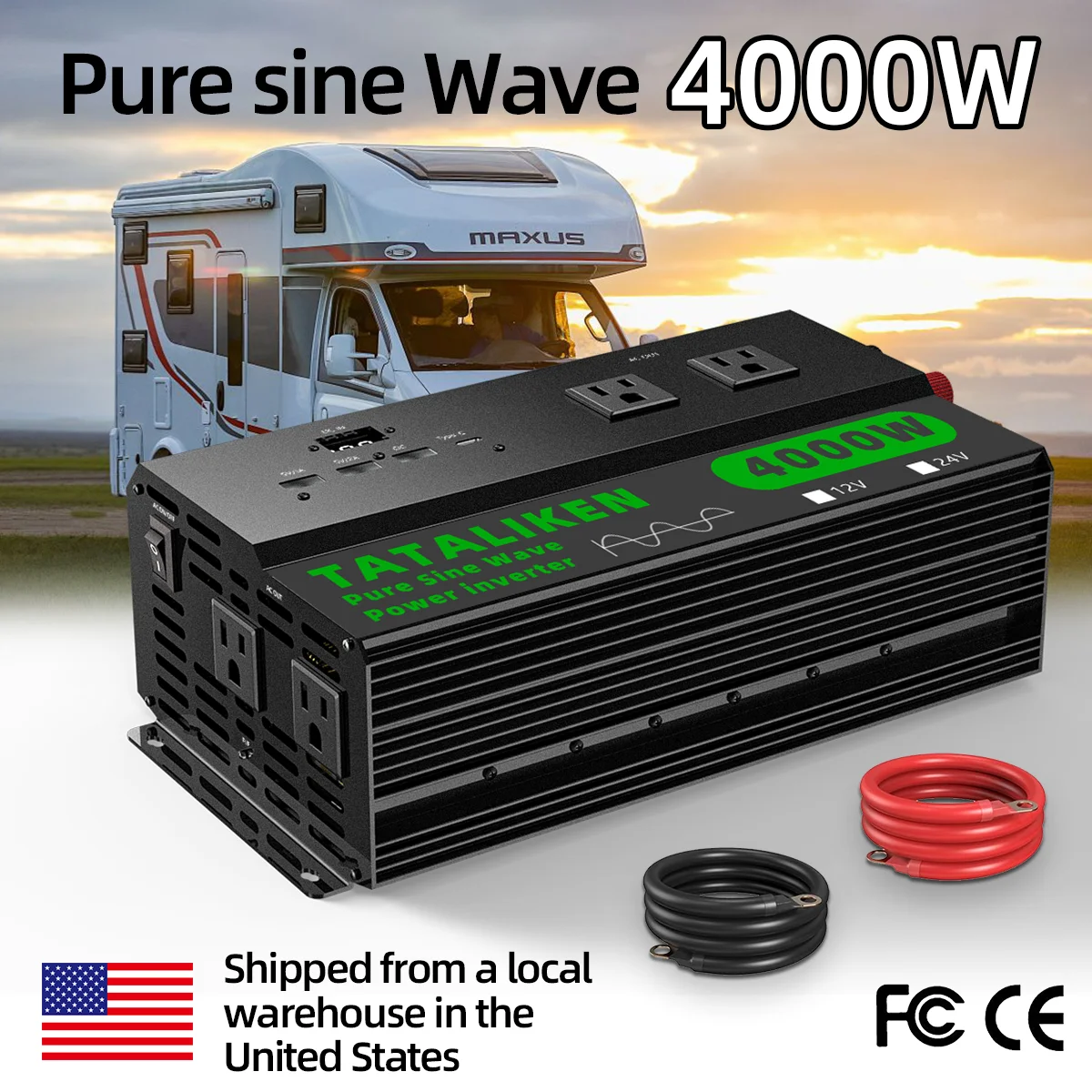 

Инвертор мощности Tataliken 4000 Вт, стандарт США от 12 В до 110 В — черный алюминиевый сплав, простой гладкий дизайн