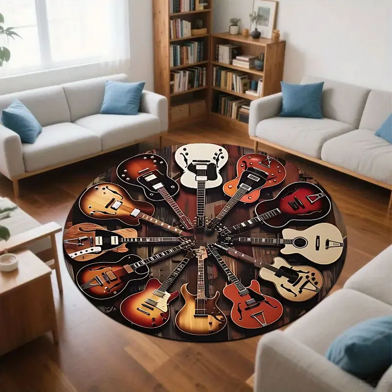 Electric guitar pattern Flannel-printed round floor mats are slip-resistant Suitable living room bedroom terrace garden carpets