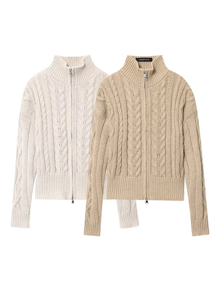 HH 2025 cárdigan de punto trenzado con cremallera informal de otoño para mujer, suéter de manga larga Vintage de 2 colores a la moda