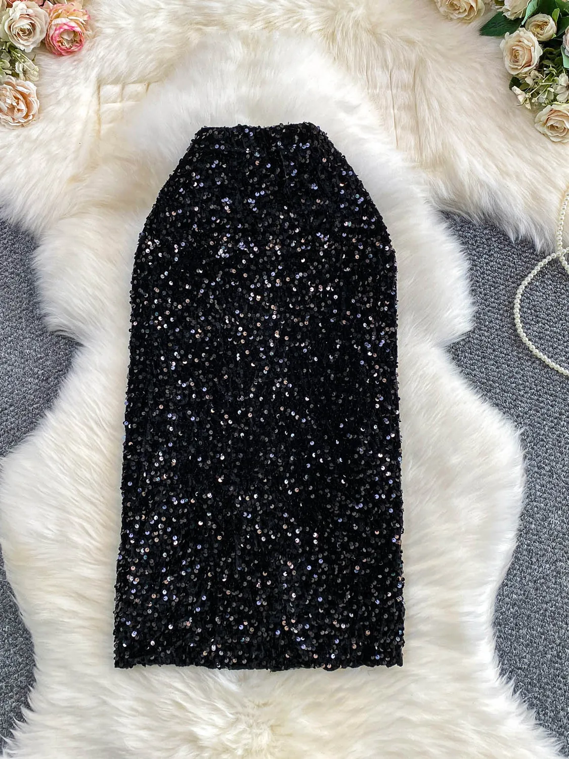 

Ele Sequin Heavy Embroidery Velvet Skirt Women's Faion High Waist Slim Fit A-Line Long Skirt Anti-Ball Daily Wear