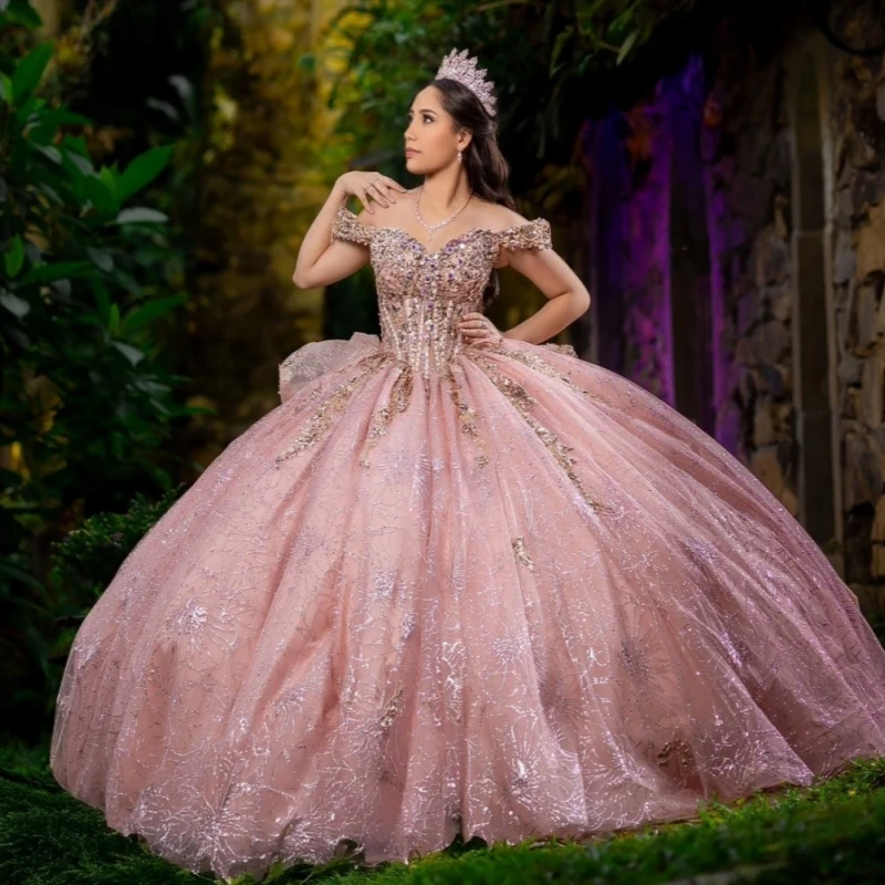 

Pink Shiny Princess Off the Shoulder Sweet 16 Dress Quinceanera Dresses Sequin Applique Flower Beads Bow Tull Party Birthday Ves