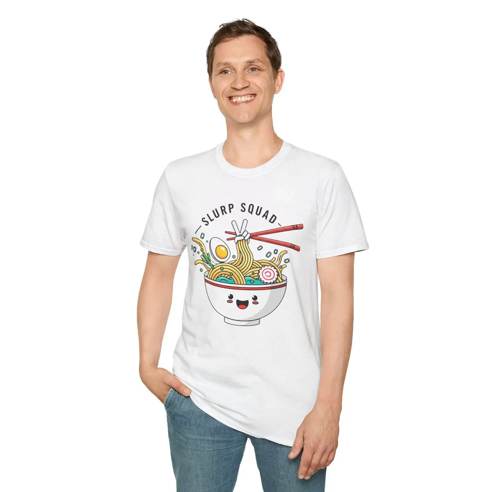 Camiseta Slurp Squad Ramen Bowl con ilustración de fideos Kawaii, estilo vintage, lavada, versátil, casual, elástica, suave, para hombre, a la moda.