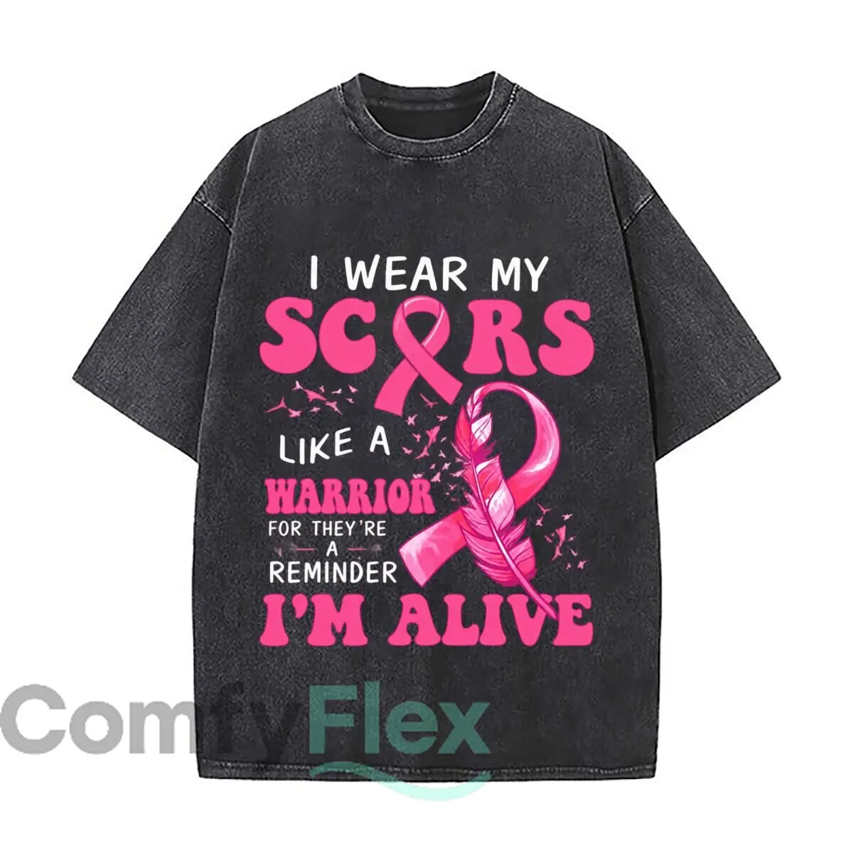 Scars Like A Breast Cancer Awareness Ribbon Feather Washed Vintage Short Sleeve Loose Streetwear Tee