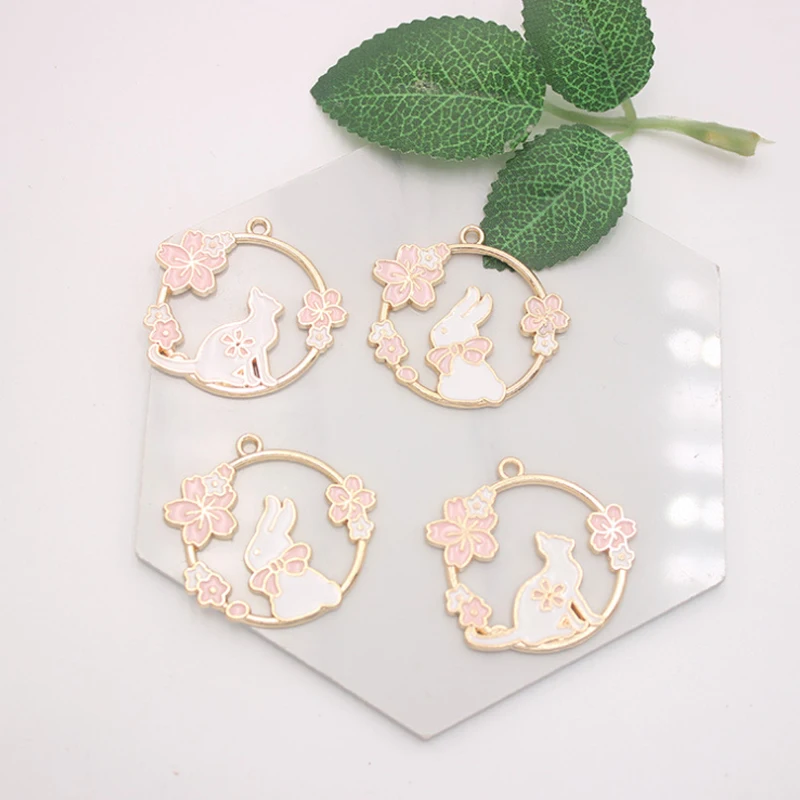 10pcs/Lot Pink Wreath Cat Rabbit Shape Enamel Charms Alloy Drip Oil Cherry Blossoms Flowers Keychain Bracelet Earring Pendant