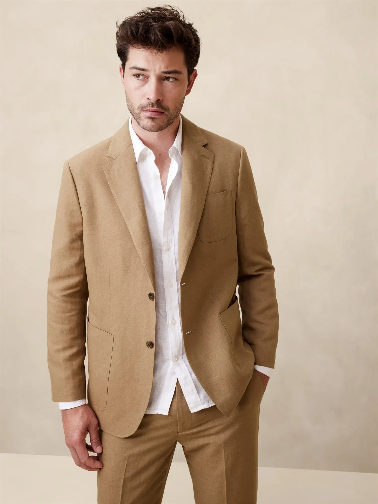 

Khaki Brown Linen Casual Men Suit Smart Business Jacket Prom Elegant Blazer Sets Custom Slim Fit 2 Piece Tuxedo Costume Homme