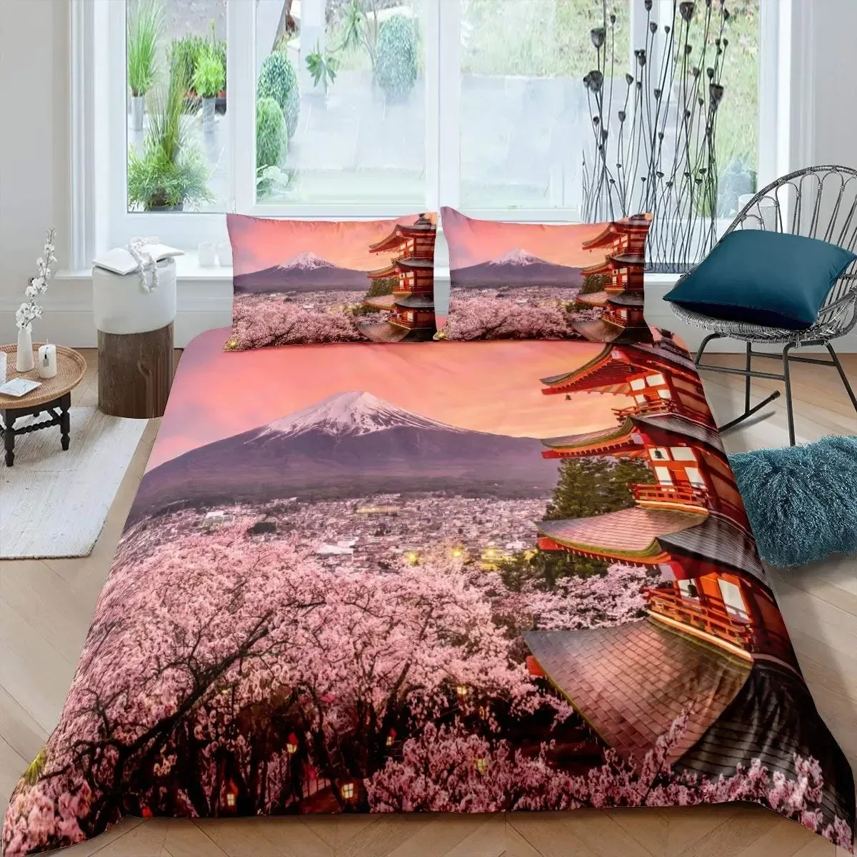 

Japan Mount Fuji Duvet Cover Set Cherry Comforter Cover Retro Tower Bedding Set Japanese Ukiyo-E Bedspread Cover Full Queen Size