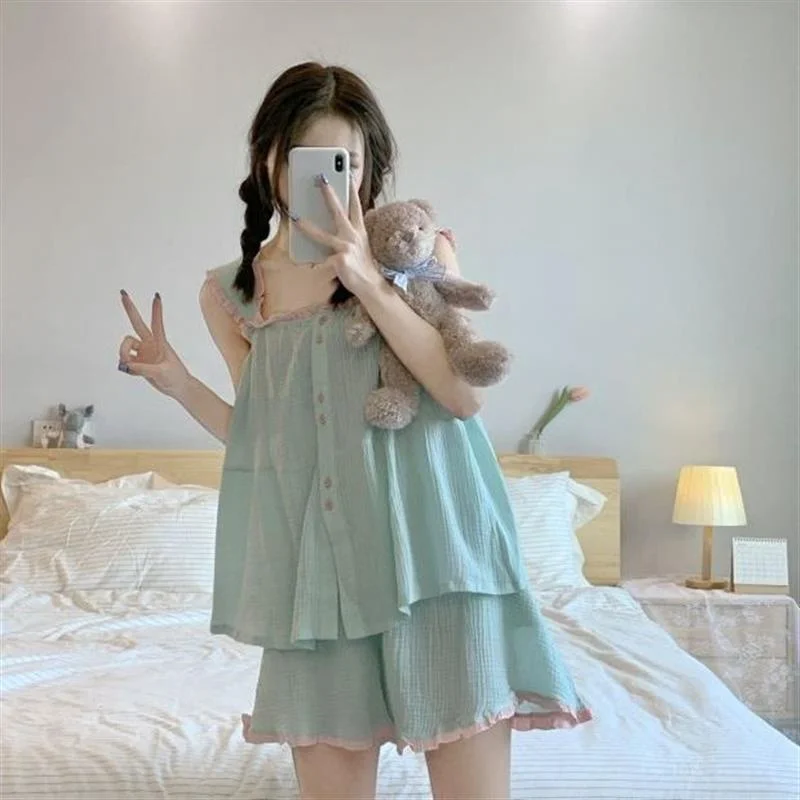 Pajamas Set Women Summer New Style Comfortable Lace Sweet Sling Top Shorts Loungewear Two-Piece